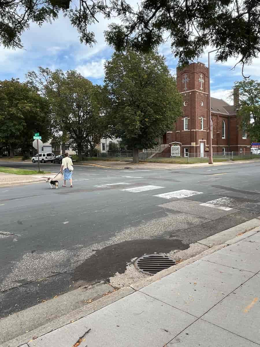 Marie Avenue crosswalk with woman walking dog