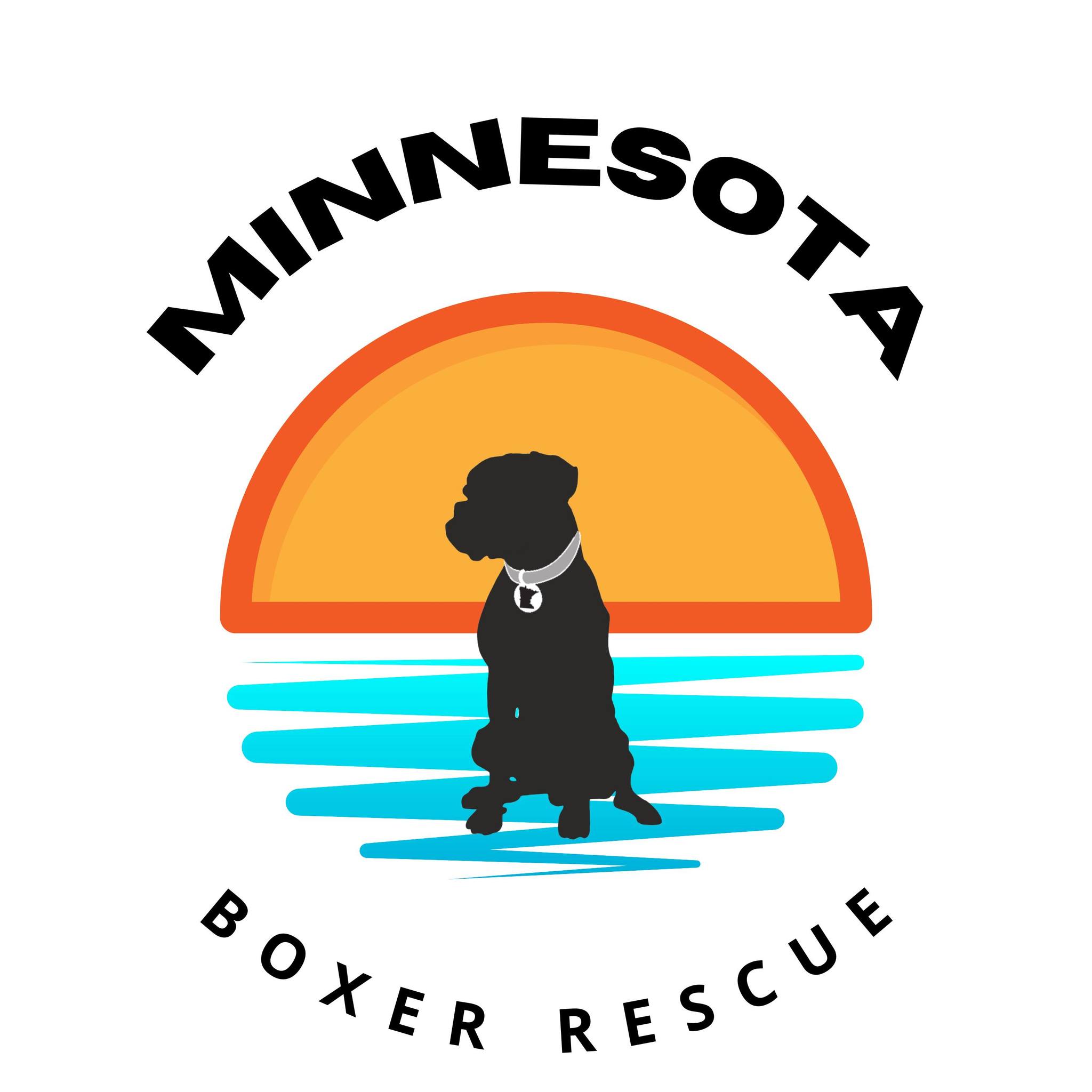 MN Boxer Rescue Logo - Circle logo, orange top half, blue bottom half, boxer dog in the middle