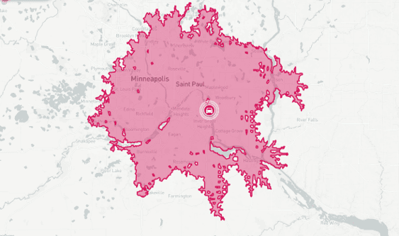 Map showing a 30-minute drive time radius around South St. Paul